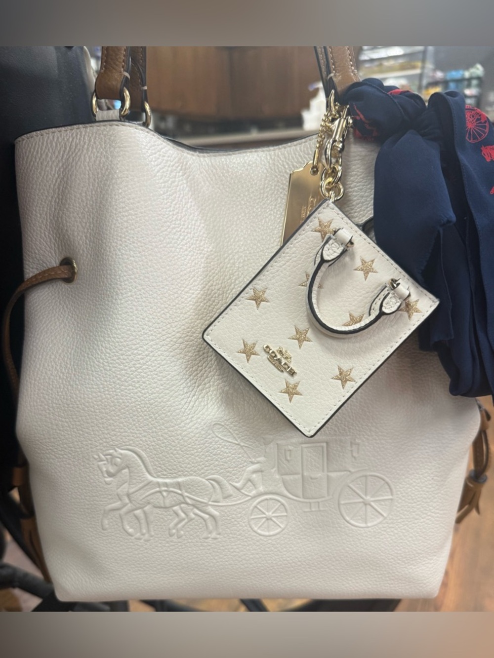 Coach authentic bag, wallet, scarf and charm. Cream and brown 2023 bundle price
